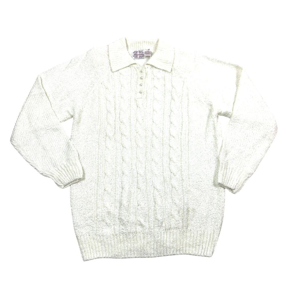 Miranda Sweater Womens Large White Shoulder Pads Cable Knit Collar Acrylic
